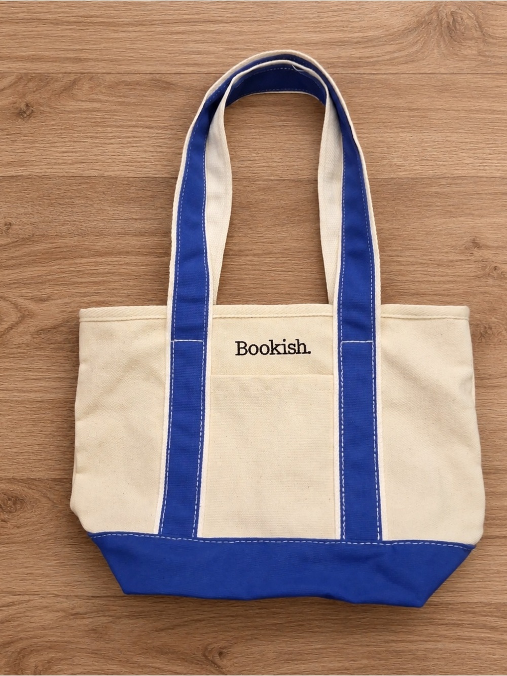 Bookish Canvas Tote in Cream with Blue Trim